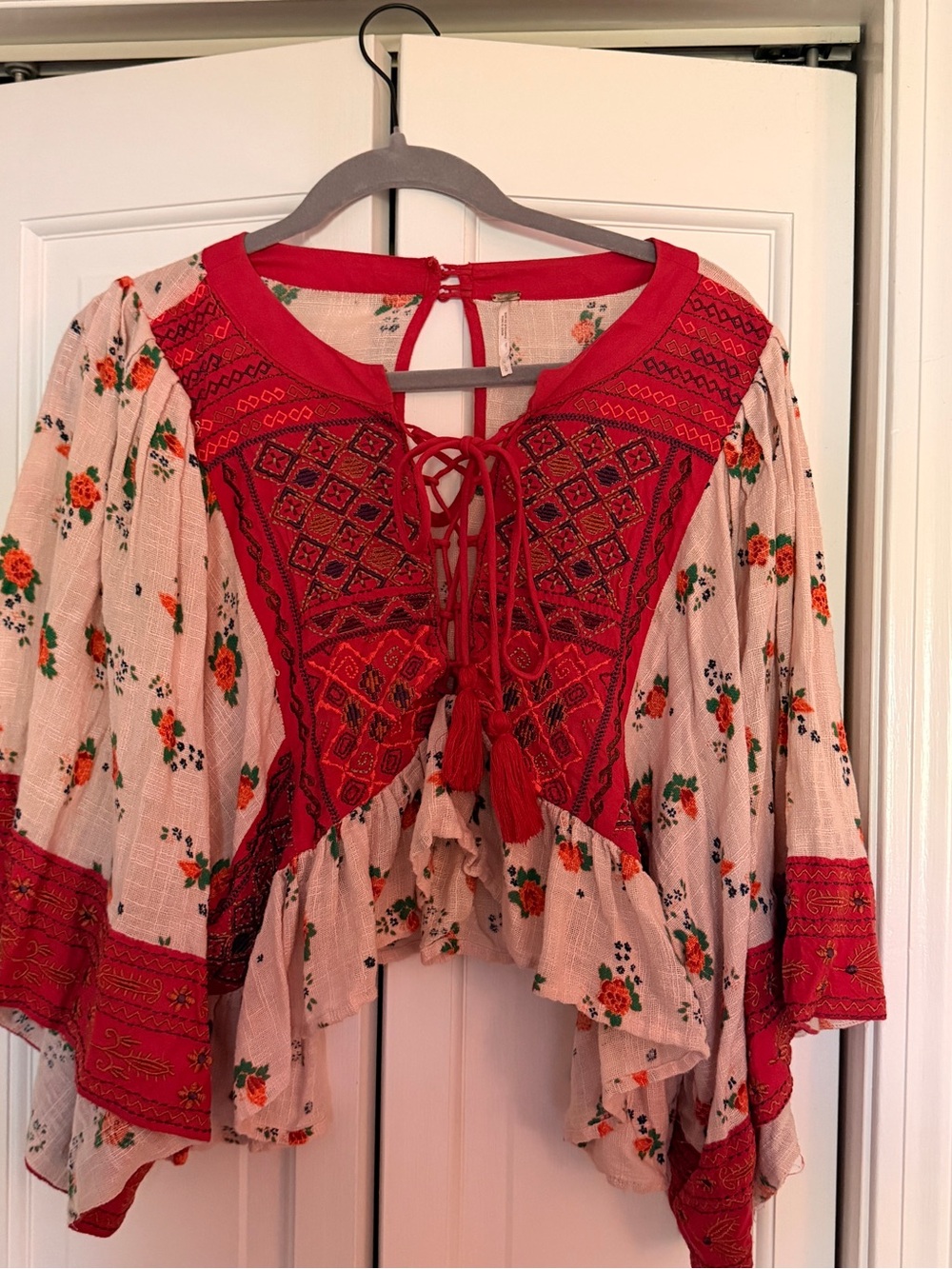 Free People Red and Cream Embroidered Lace-Up Peasant Blouse